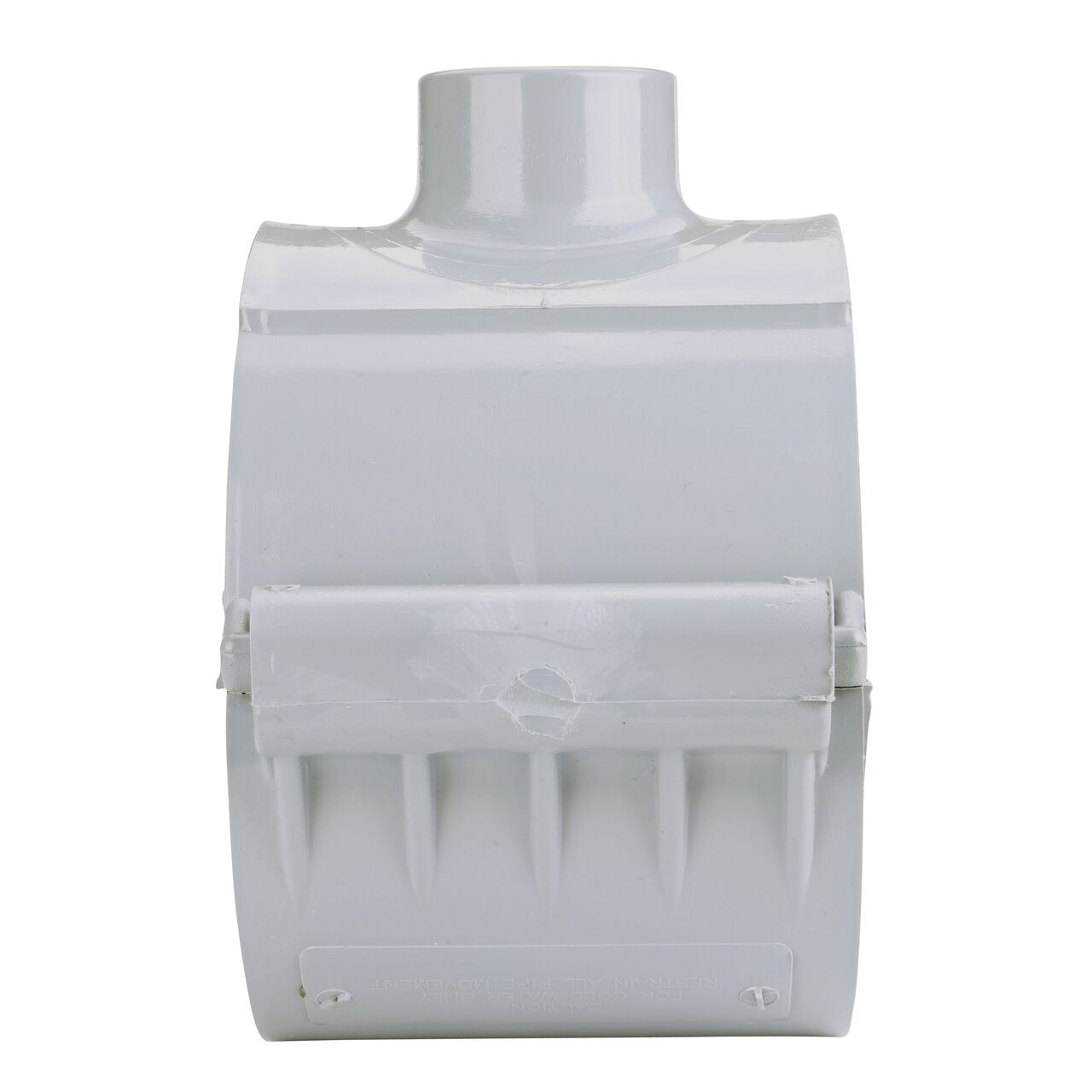 Side view showing hinged side of the NDS Clamp-It™ Rigid PVC Saddle with 2 in. slip connection on top (NDS 456020) for 6 in. PVC pipe