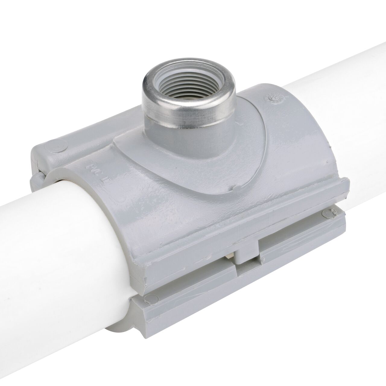 The NDS Clamp-It™ Rigid PVC Saddle with 3/4 in. FPT connection on top (NDS 422007) clamps onto 2 inch PVC pipe