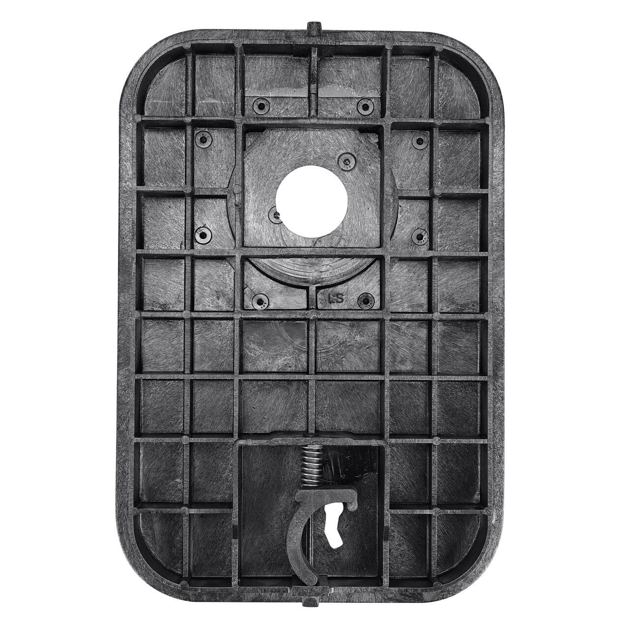 Top down view of the underside side of the Black Water Meter cover (NDS D12AMR-OLLOCTRL) for the NDS 14 in. X 19 in. Rectangular AMR Meter box, showing reinforcing ribs that are load rated to withstand pedestrian traffic and and the hinged reader door for easy access