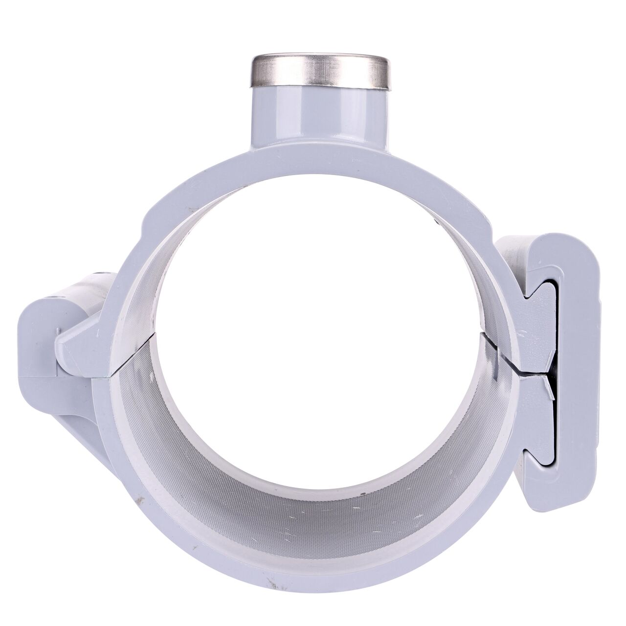 Front facing view of the NDS Clamp-It™ Rigid PVC Saddle with 1 in. FPT connection on top (NDS 444010) for 4 in. PVC pipe showing both the wedge and hinge sides
