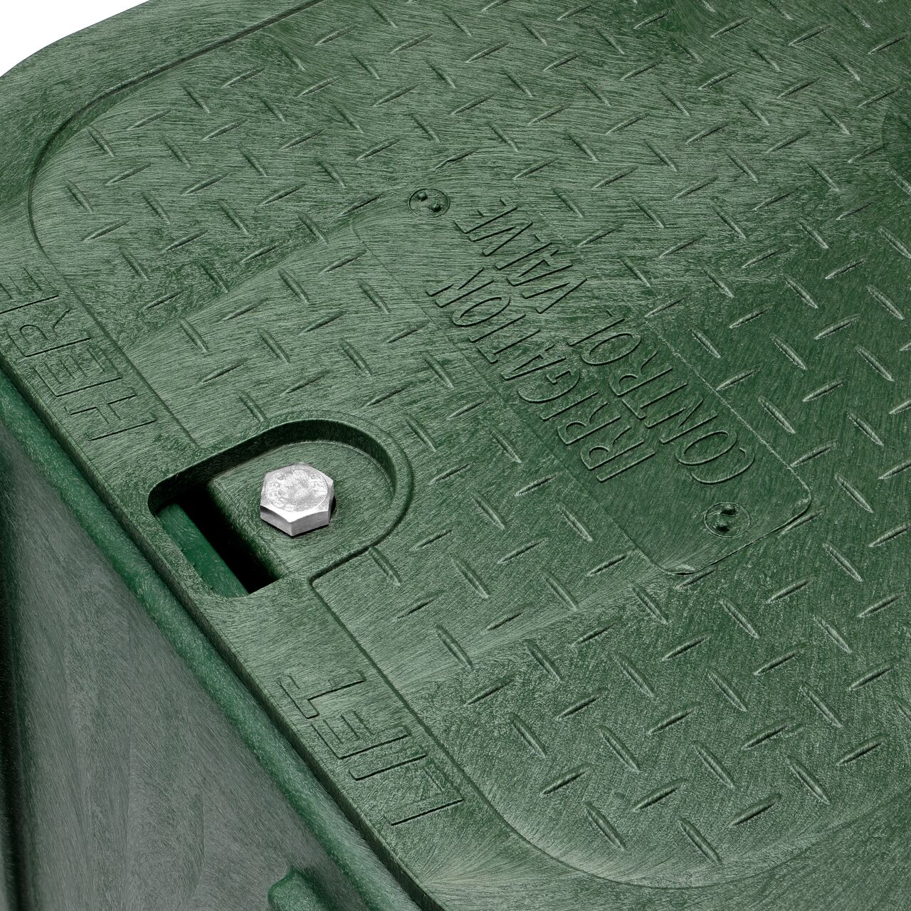 The valve box lid and bolt securely in place on the NDS 14 in. X 19 in. Rectangular Pro-Spec® Series Green Box and Green Irrigation Control Valve Cover (NDS 314BCB) keeping components protected against the elements, foot traffic, lawn care equipment, and potential vandalism while keeping them out of sight