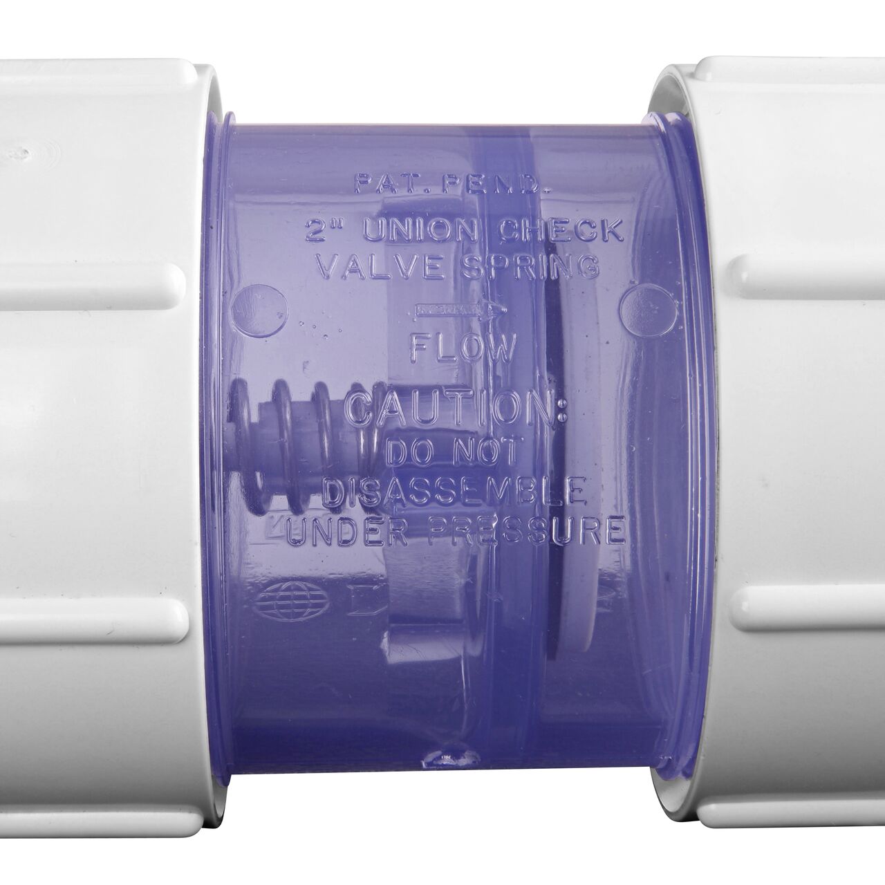 Closeup of the directional arrow on the NDS 2 in. IPS slip by slip PVC Compact True Union 5 lb. Spring Check Valve (NDS 1795C20)