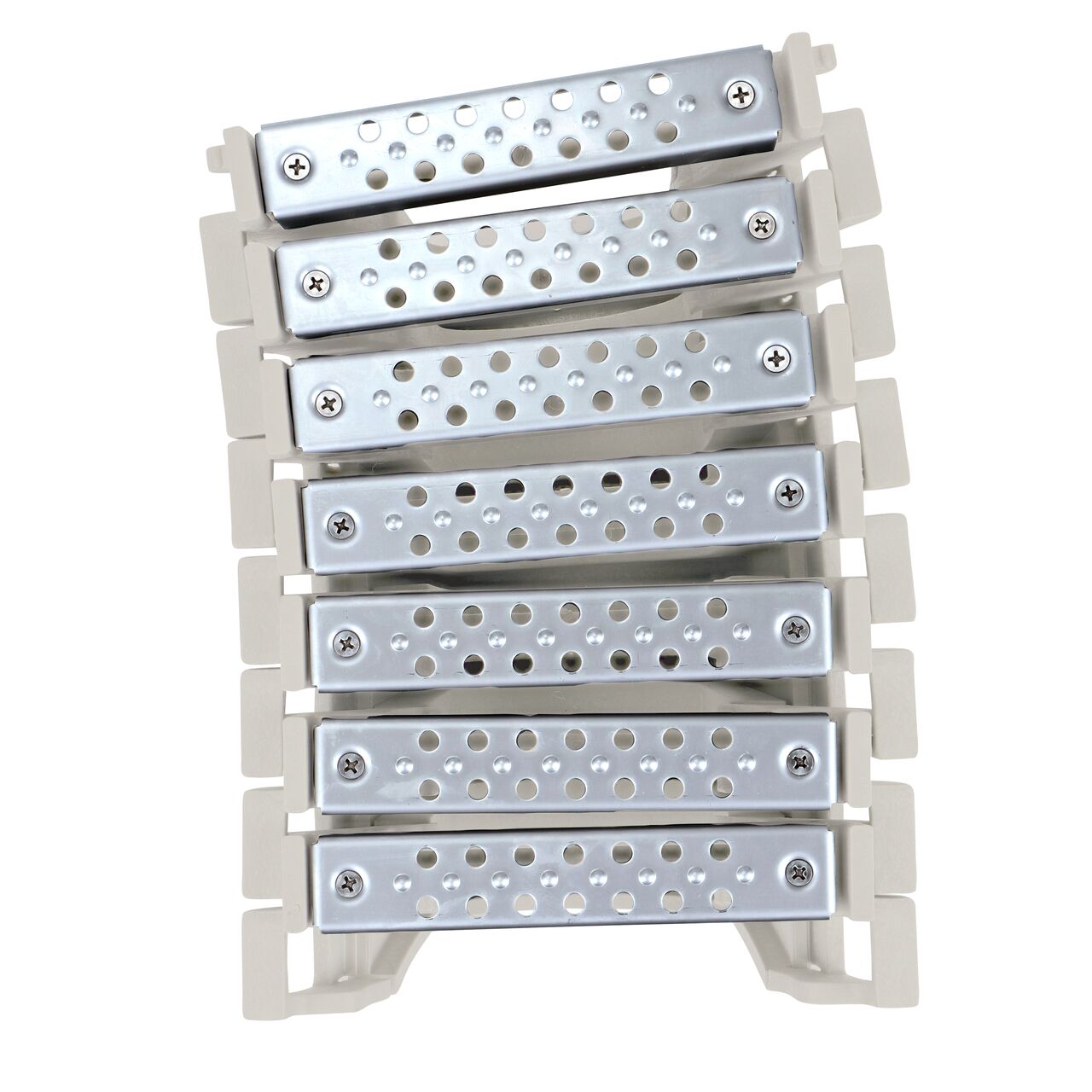 Top down view of 3 degree bend in Seven Stainless Steel Perforated Design Dura Slope™ Channel Drain EZ-Track™ Radius Coupling Grates (NDS DS-226MG) installed on seven Dura Slope EZ-Track Radius Couplings (NDS DSRC)