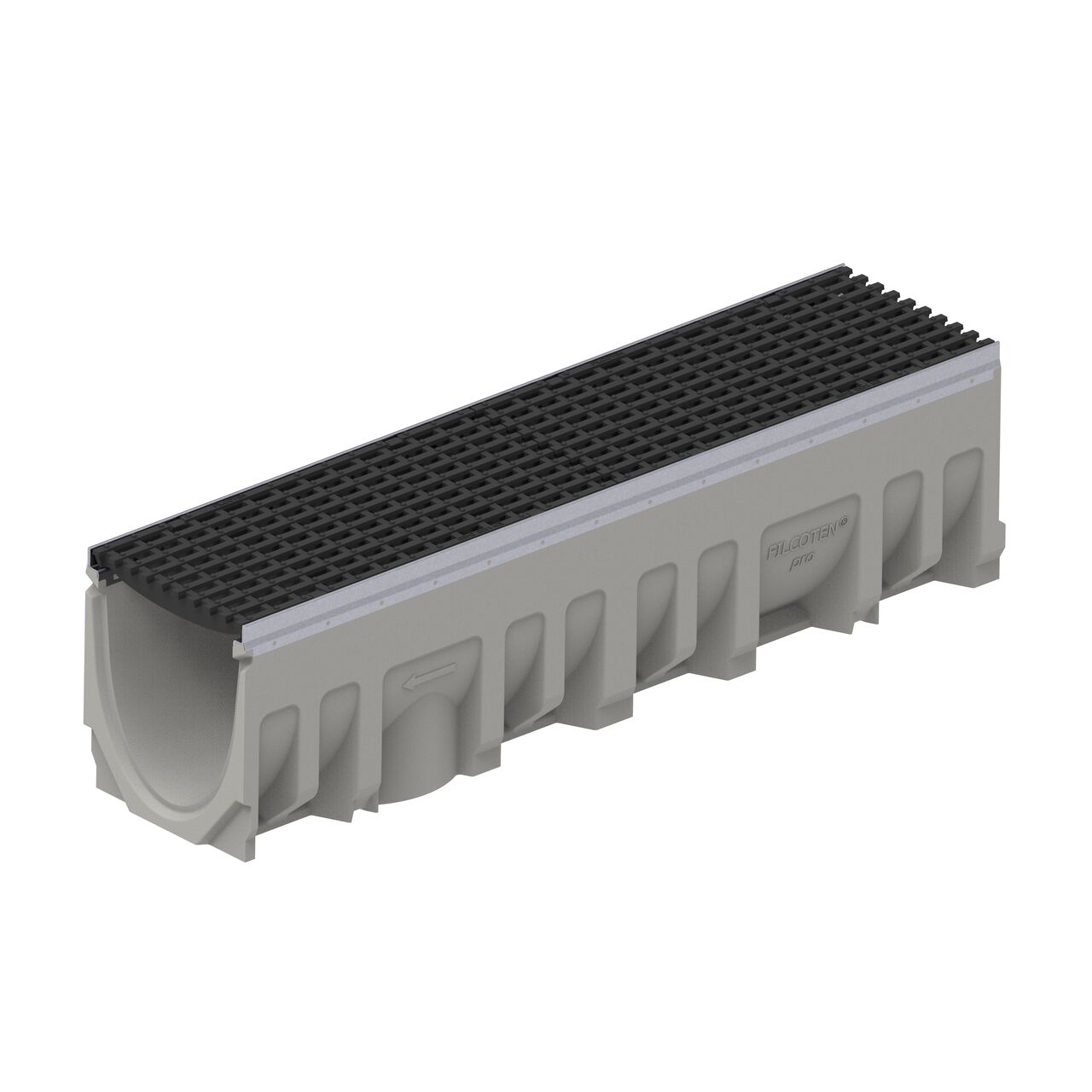 The class D load ductile iron bar design BG-FILCOTEN® 200 Trench Drain Grate (NDS 17020104) installed on the Filcoten 200 Trench Drain with female end showing