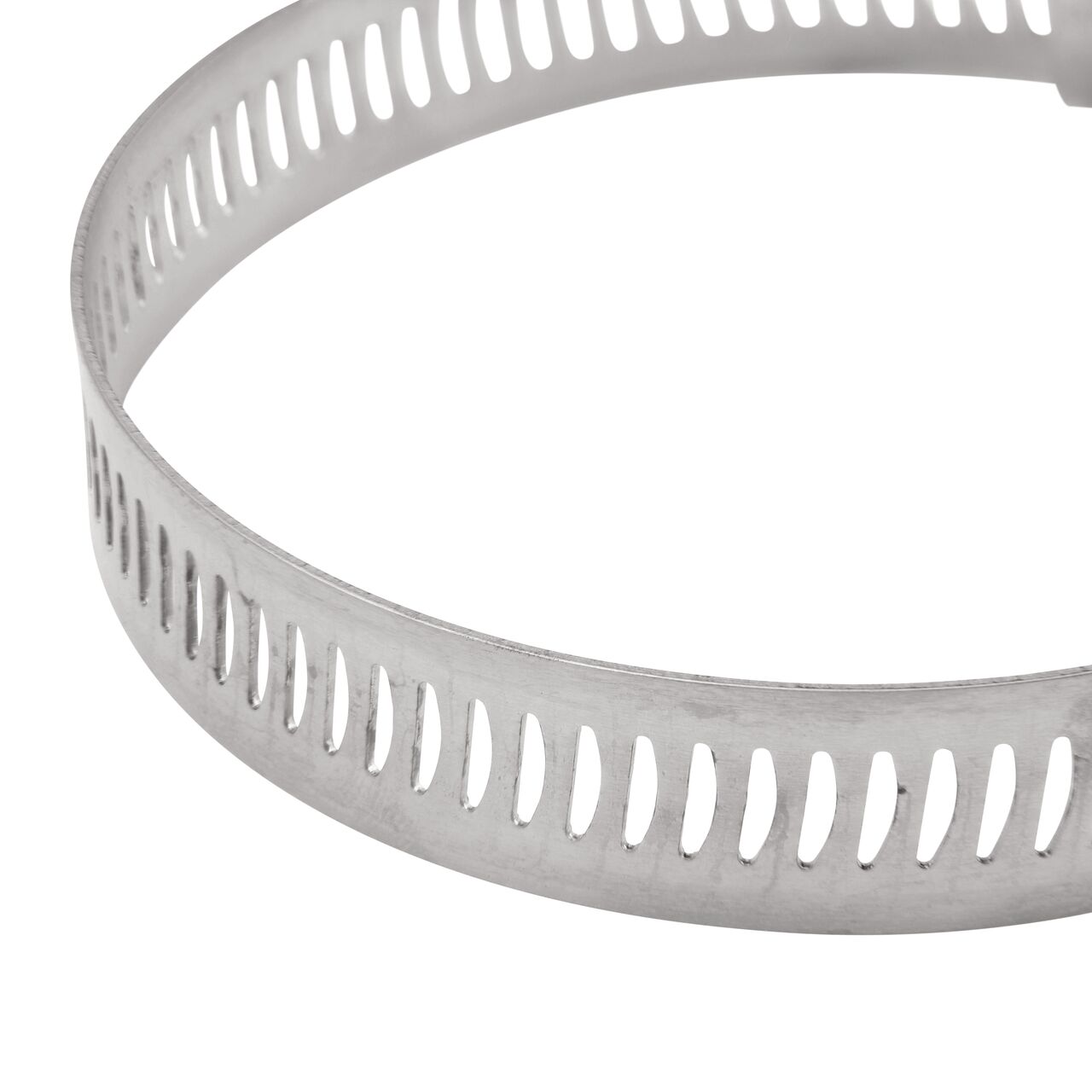 Closeup view of the arcial perforated slots in band for added strength and smoother engagement on the NDS SAE 40 Worm Drive Hose Clamp with Aero Seal 1/2 in. band width (NDS 64040H)
