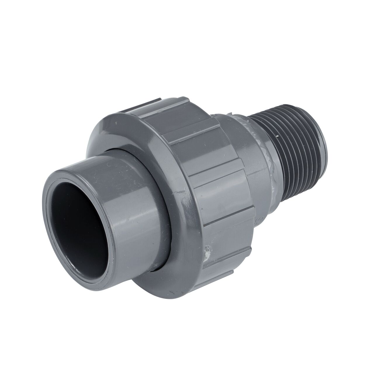 The NDS 1 in. PVC Union connects one slip 1 in. schedule 80 pipe and threaded MPT pipe to create a leak-resistant connection without the need for traditional glued sealant (NDS U-1000-SM)
