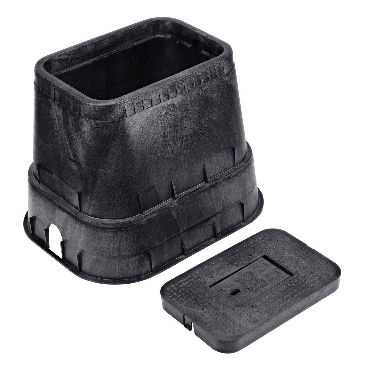 Unassembled View of the NDS 14 in. X 19 in. Rectangular Standard Series meter box and Black Water Meter Drop-In lid cover (NDS D1800-DICIR) with Cast iron reader door