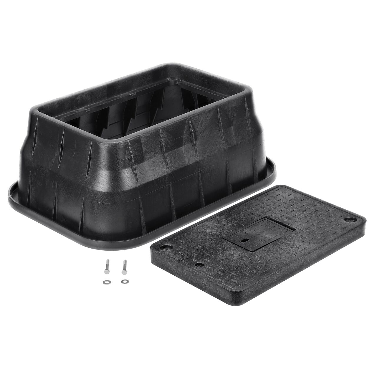 Unassembled View of the NDS 13 in. X 24 in. Black Rectangular Standard Series meter box and Black Water Meter Drop-in lid cover (NDS 121BCDMB) with Bolt and Plastic reader door