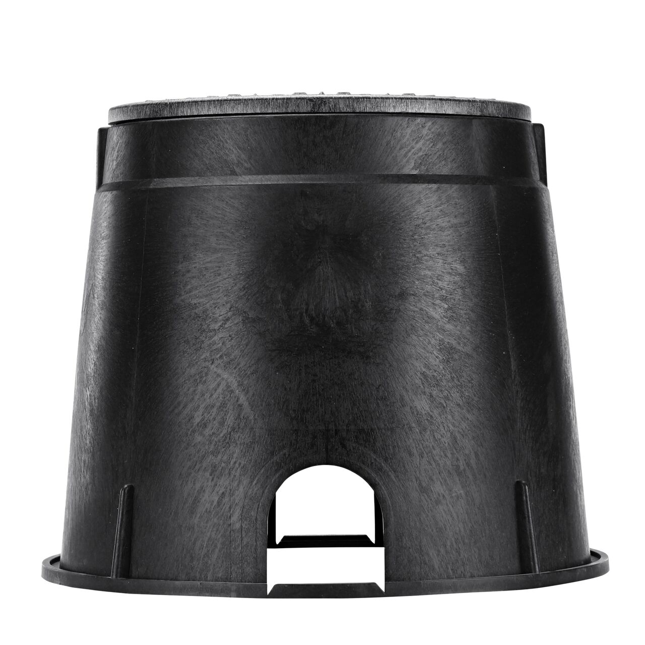 Side view of the pipe hole side of the NDS 10 in. Round Standard Series Valve Box & Water Cover (NDS 111BCBW) rugged enclosure that features a pipe hole for water and irrigation pipe connections