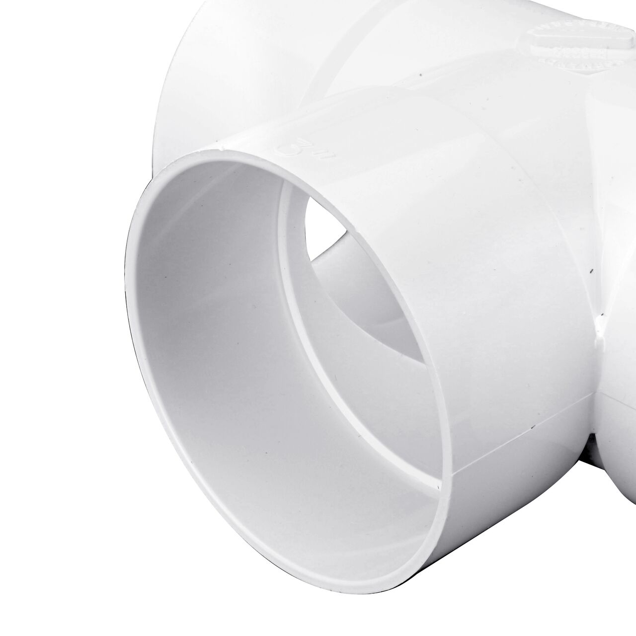 Closeup of middle hub end of the NDS 3 in. PVC Sewer and Drain Tee (NDS 3P01*, NDS 3P01)