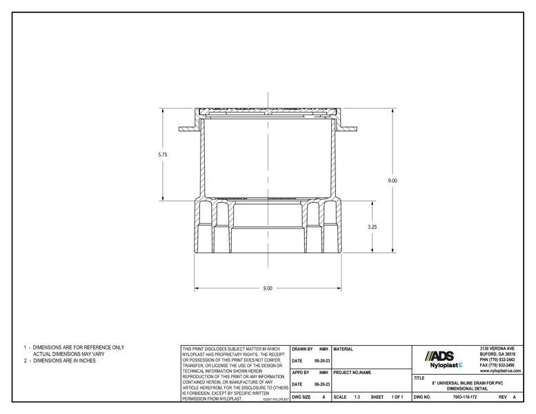 8" Universal Inline Drain for PVC Dimensional Detail