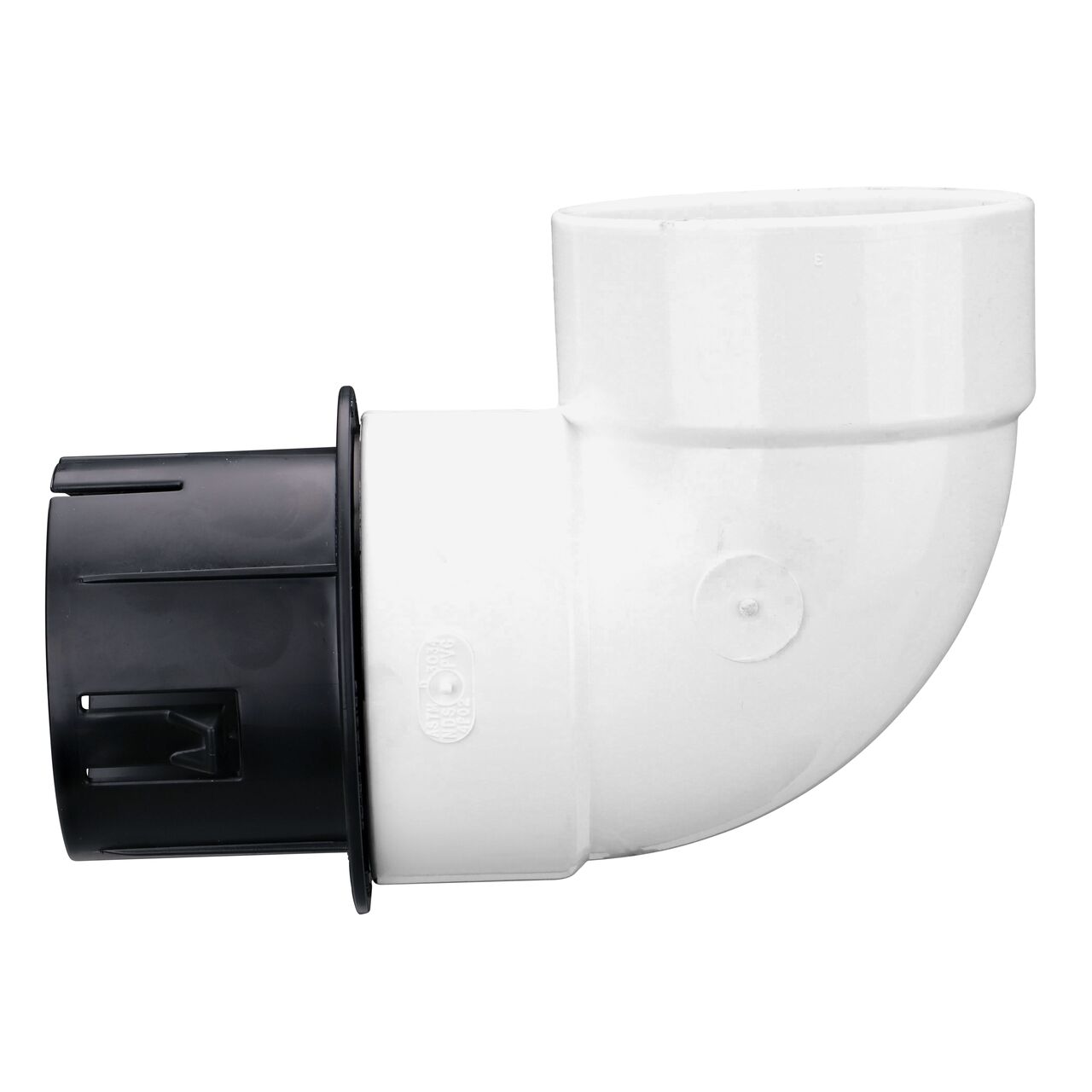 NDS Fitting Adapter (NDS 1241) connects to 4 in. PVC S&D 90° Elbow, 3 in. Hub X Hub (NDS 4P02)