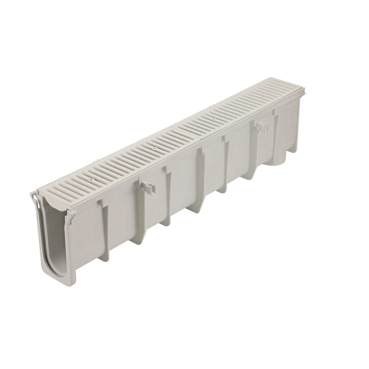 The NDS 10.05 in. to 10.38 in. Deep Dura Slope Channel Drain (NDS DS-109) with two Standard Dura Slope Light Gray Grates installed (NDS 661LG)