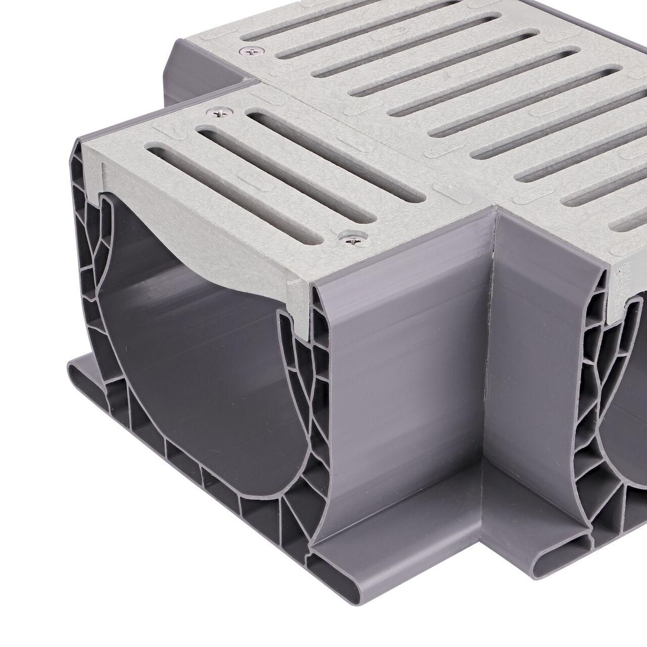 Closeup of the drain opening of the NDS Gray Spee-D® Channel Drain Cross and Grate (NDS 2371)