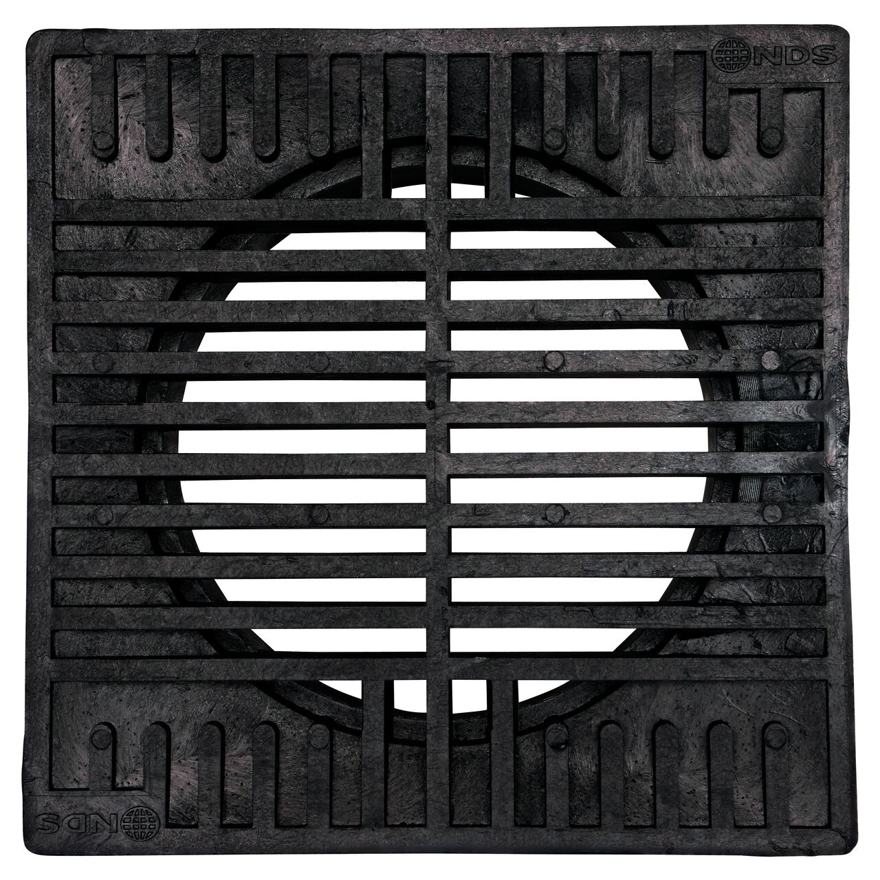 Top-down view of the NDS 8 in. Square Grate in Black Plastic (NDS M881, NDS 881)