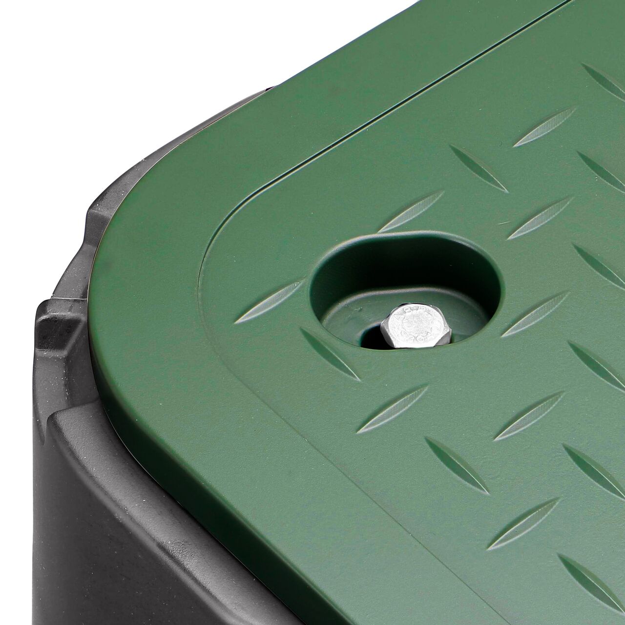 Closeup view of the Black box and Green cover fully assembled, secured with bolt, with two fingerholes for easy lifting of the lid, on the NDS 17 in. X 30 in. X 24 in. Rectangular Pro-Spec® Series Telecom Box & Cover set (NDS 327BCBT)
