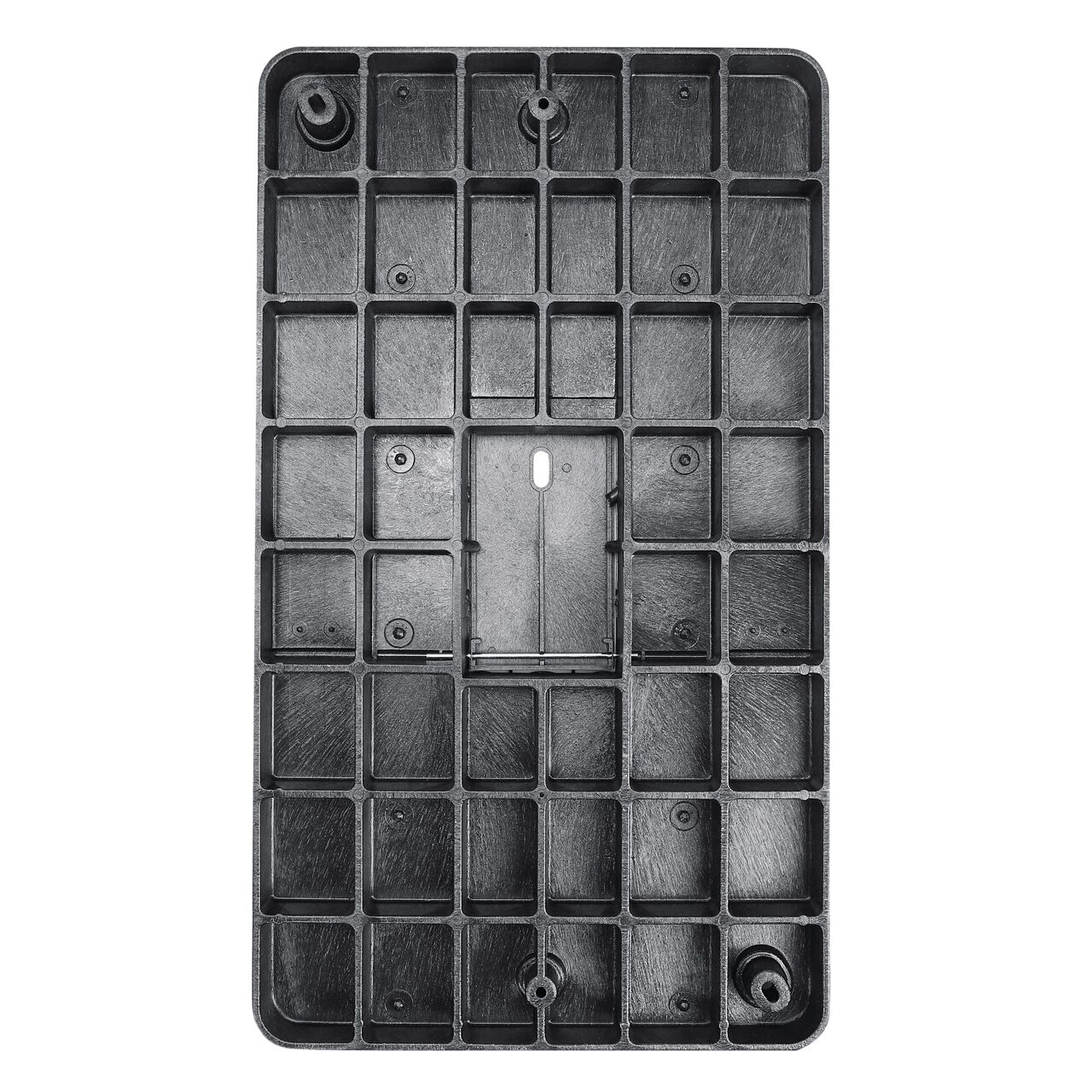 Top down view of the underside side of the Black Water Meter cover (NDS 126BCDMB) for the NDS 17 in. X 30 in. Rectangular Standard Series Meter box with Bolt, showing reinforcing ribs that are load rated to withstand pedestrian traffic and and the hinged reader door for easy access