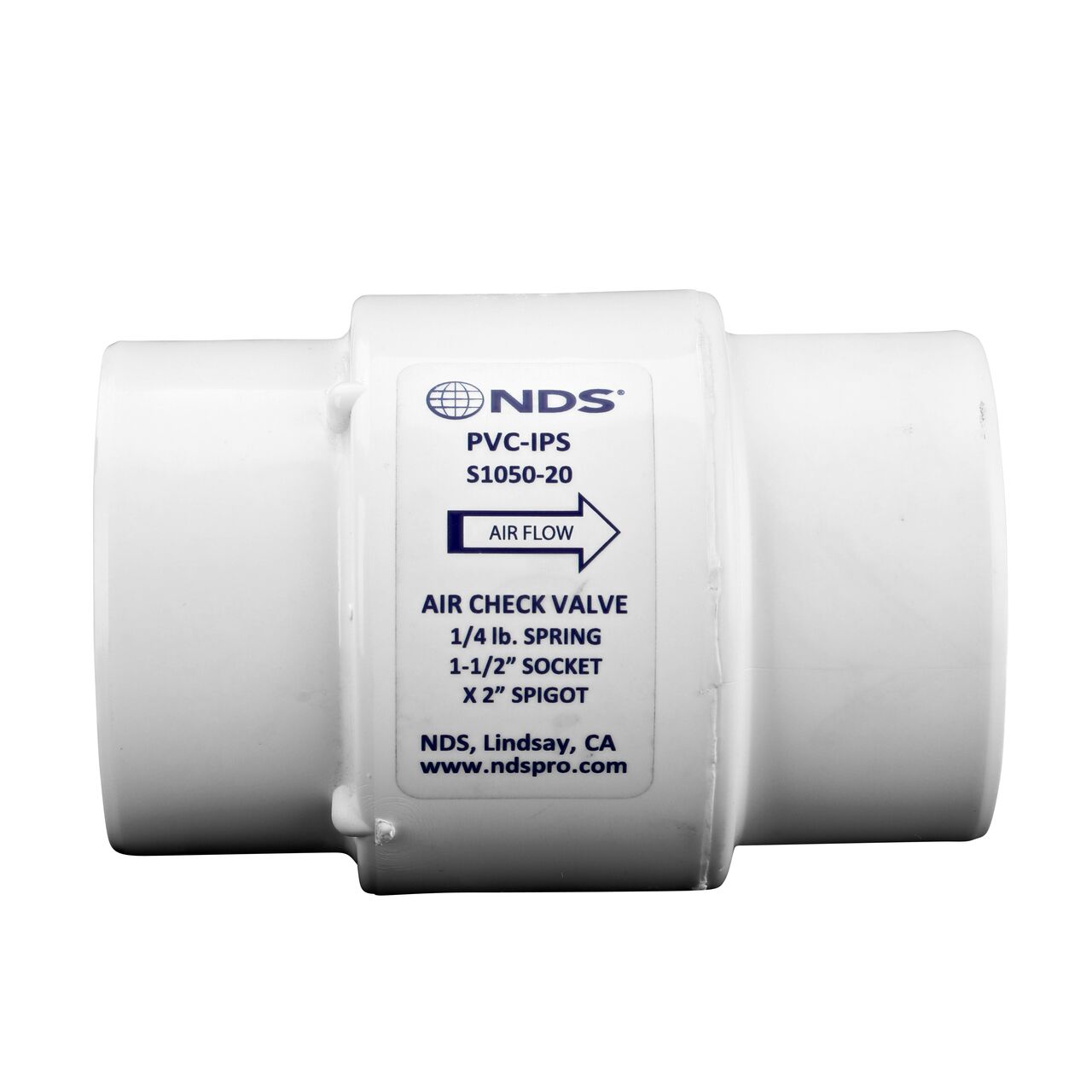 Side view of the NDS White 1-1/2 in. IPS S x 2 in. Spigot PVC Air Check Valve (NDS S1050-20) showing the label and water flow direction