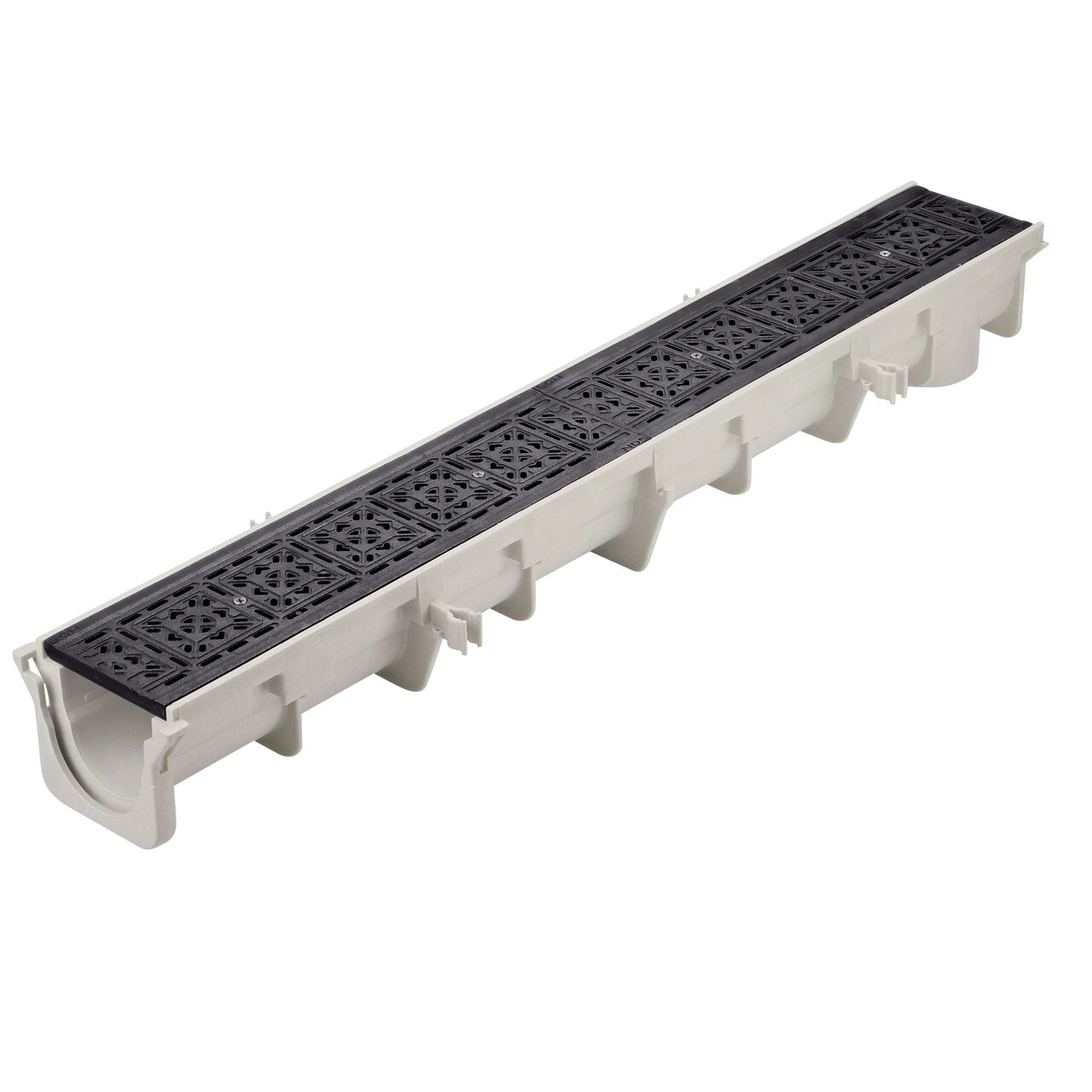 Two ductile iron decorative tile pattern Dura Slope™ Channel Drain Grates (NDS DS-603) fit on one Dura Slope Channel Drain (NDS DS-091)