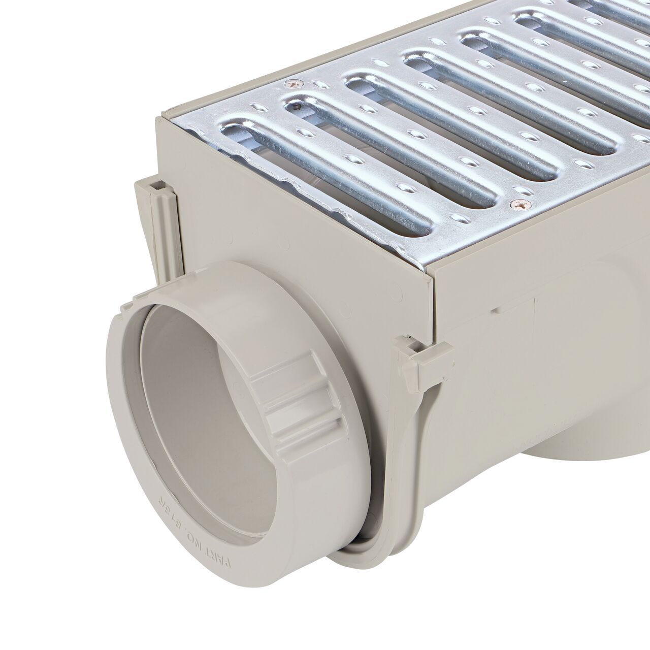 Add the 4 inch collar to the end outlet on the female end of the NDS Steel Grate 5 in. Pro Series Channel Drain Kit to connect to 4 inch sewer and drain pipe (NDS 864GMTL)