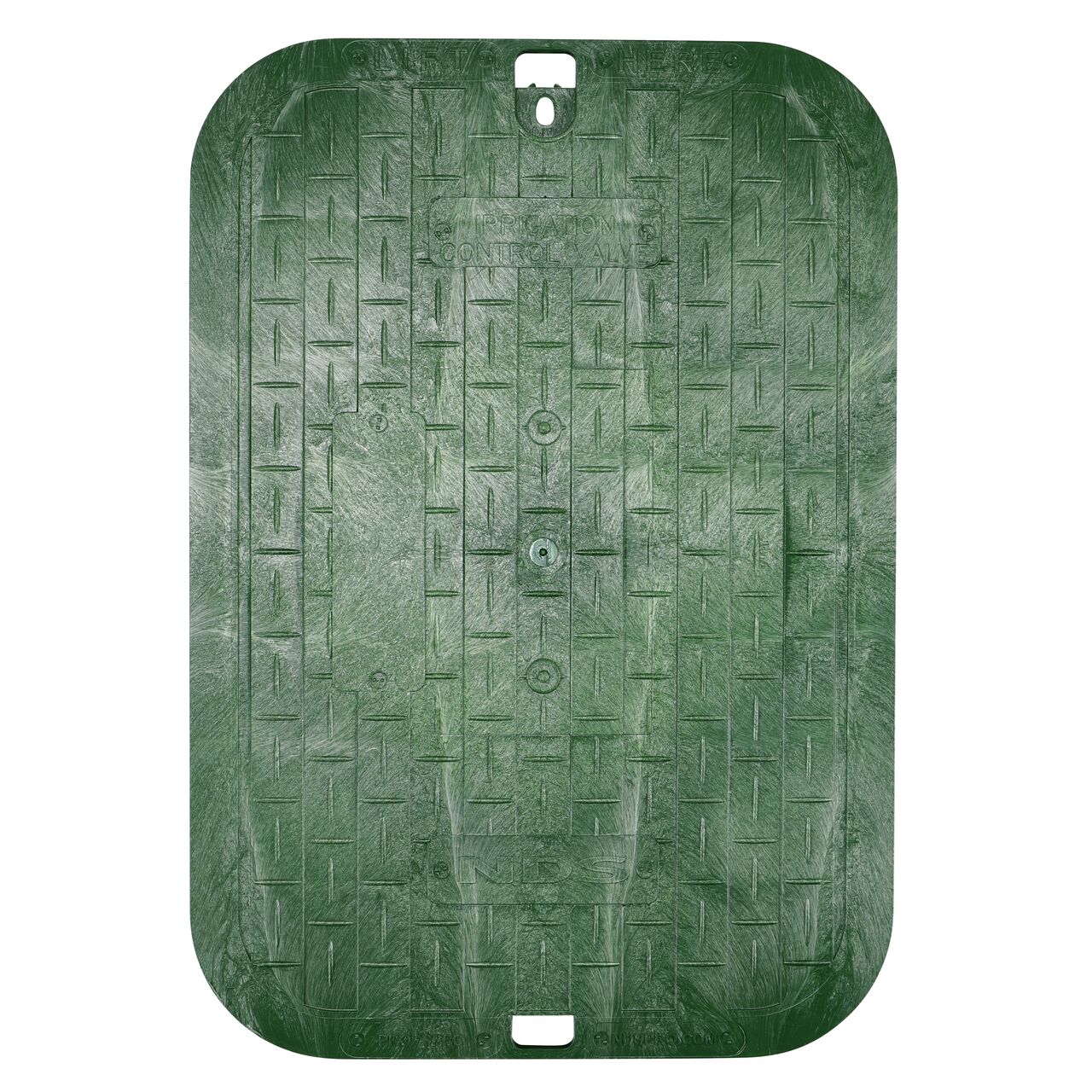 Top down view of the top side of the Green Irrigation Control Valve cover for the NDS 13 in. x 20 in. Rectangular Pro-Spec® Series jumbo valve box (NDS 318BC) showing the green irrigation control valve markings