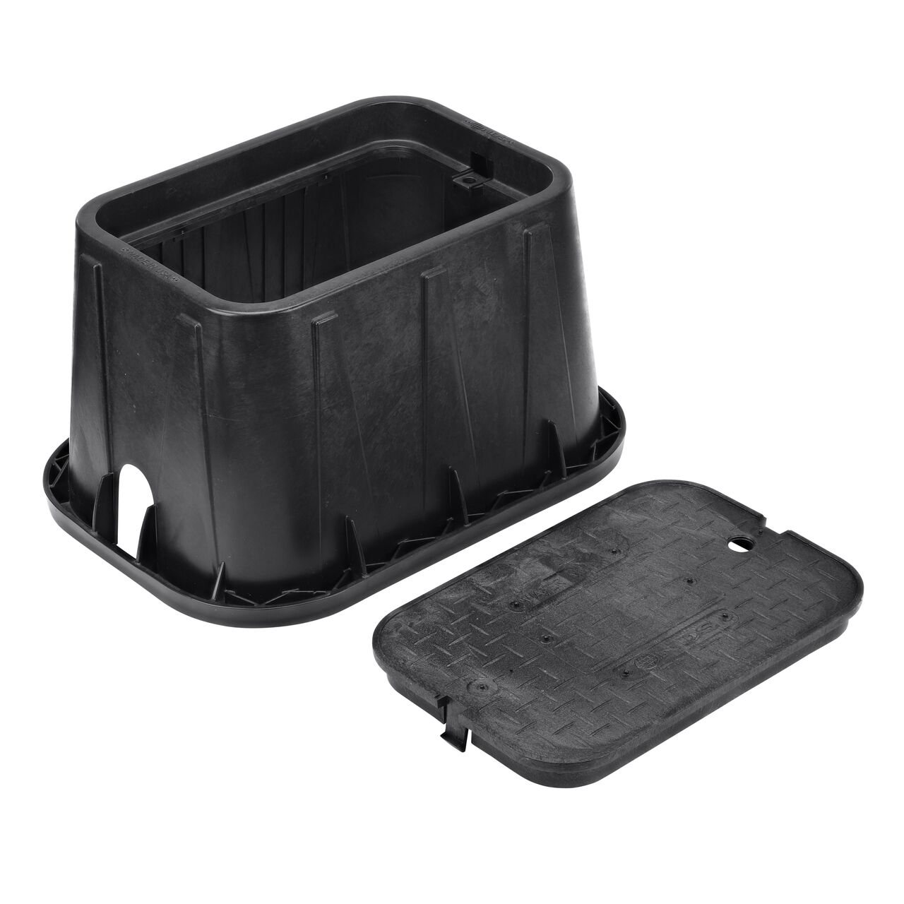 Unassembled View of the NDS 14 in. X 19 in. Black Rectangular Standard Series meter box and Black Water Meter Overlapping cover (NDS D1200-OLSB) with universal locking mechanism enabling a variety of bolts and screws to be used to secure the covers