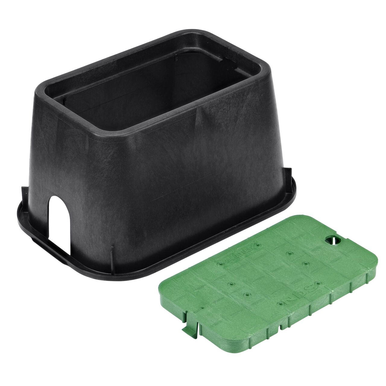 Unassembled View of the NDS 10 in. X 15 in. Black Rectangular Standard Series Meter box and Green Irrigation Control Valve drop-in cover (NDS D1000-SG)