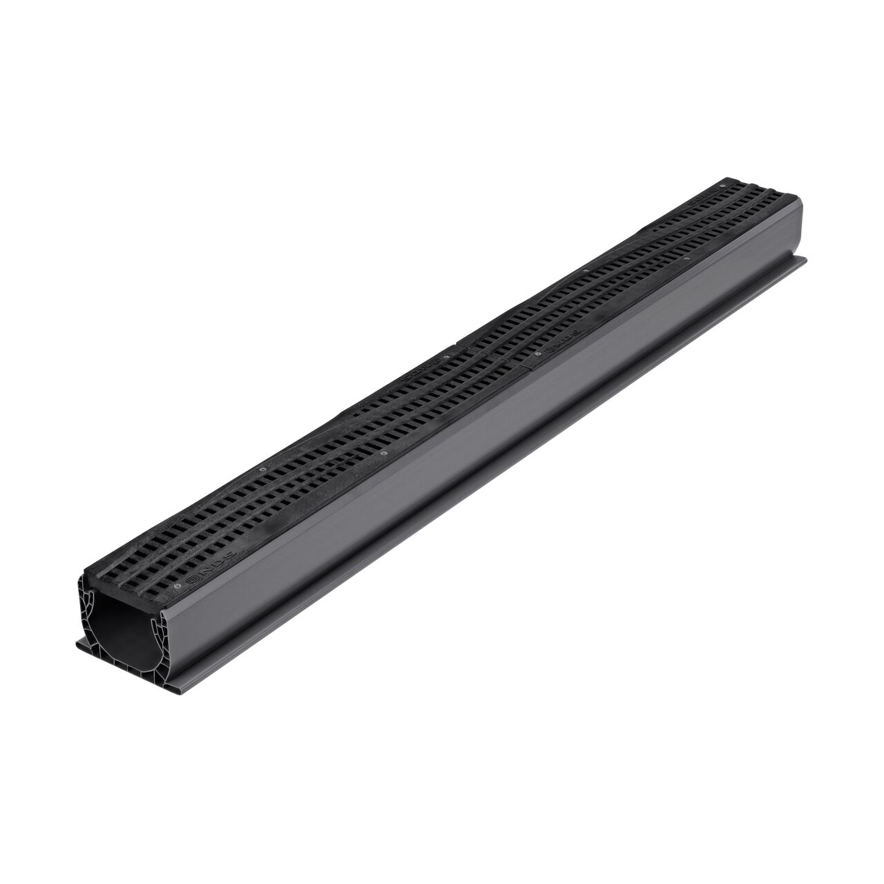 NDS Spee-D® Channel Drain Grate, Decorative Wave Design in Black Plastic (NDS 253) installed on a Spee-D Channel Drain (NDS 400)
