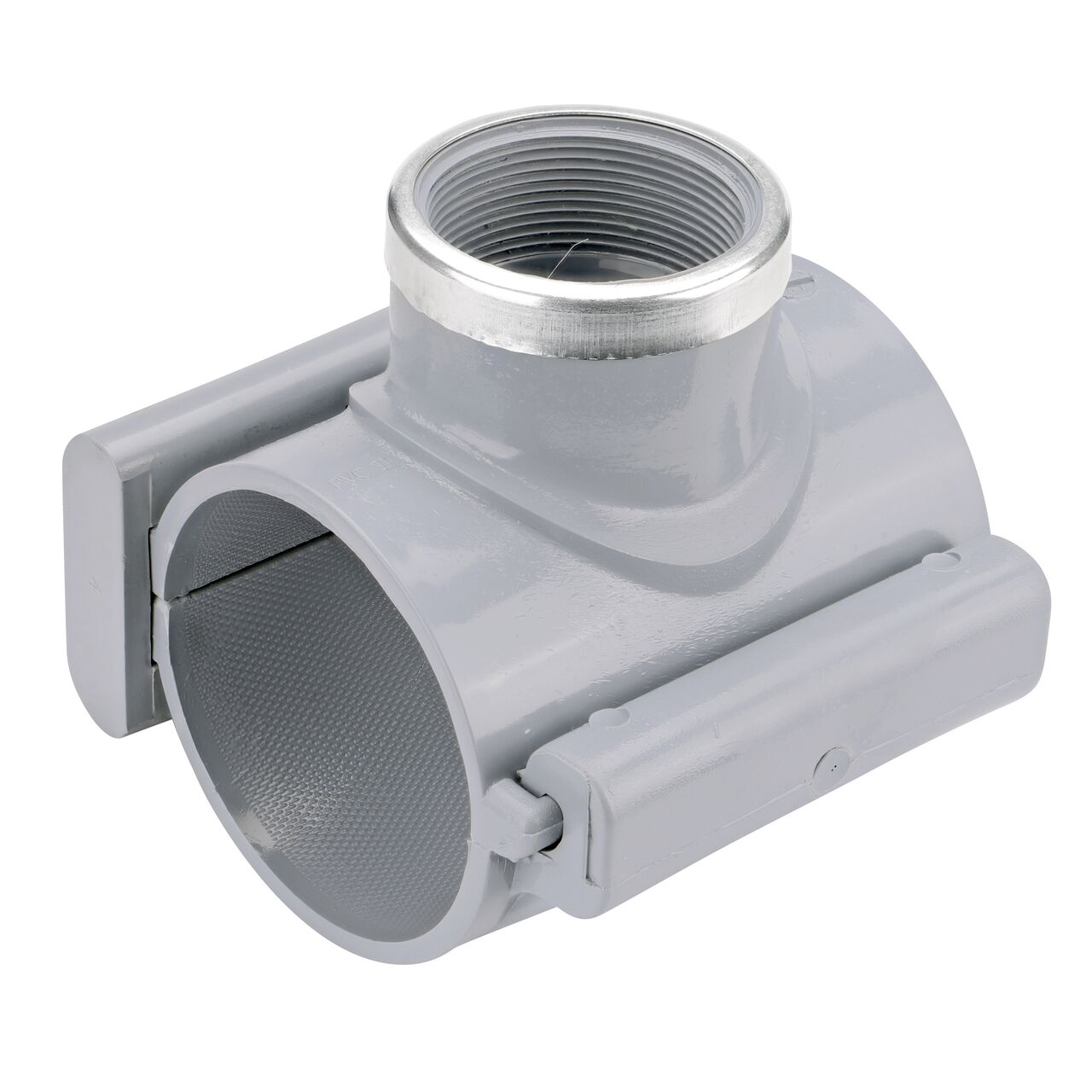 The NDS Clamp-It™ Rigid PVC Saddle with 2 in. FPT connection on top (NDS 443020) for 3 in. PVC pipe has a patented wedge design on one side and hinge on the other to install a sprinkler irrigation system to existing pipe without any bolts