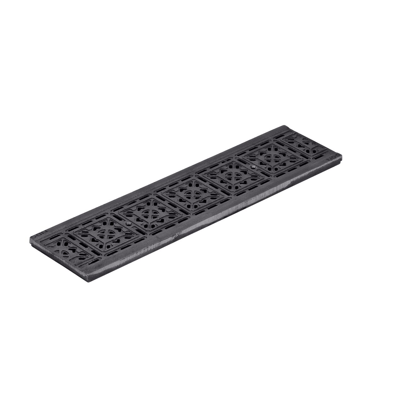 The ductile iron Dura Slope™ Channel Drain Grate (NDS DS-603) is 6 in. wide and 2 ft. long and comes in a decorative tile pattern design