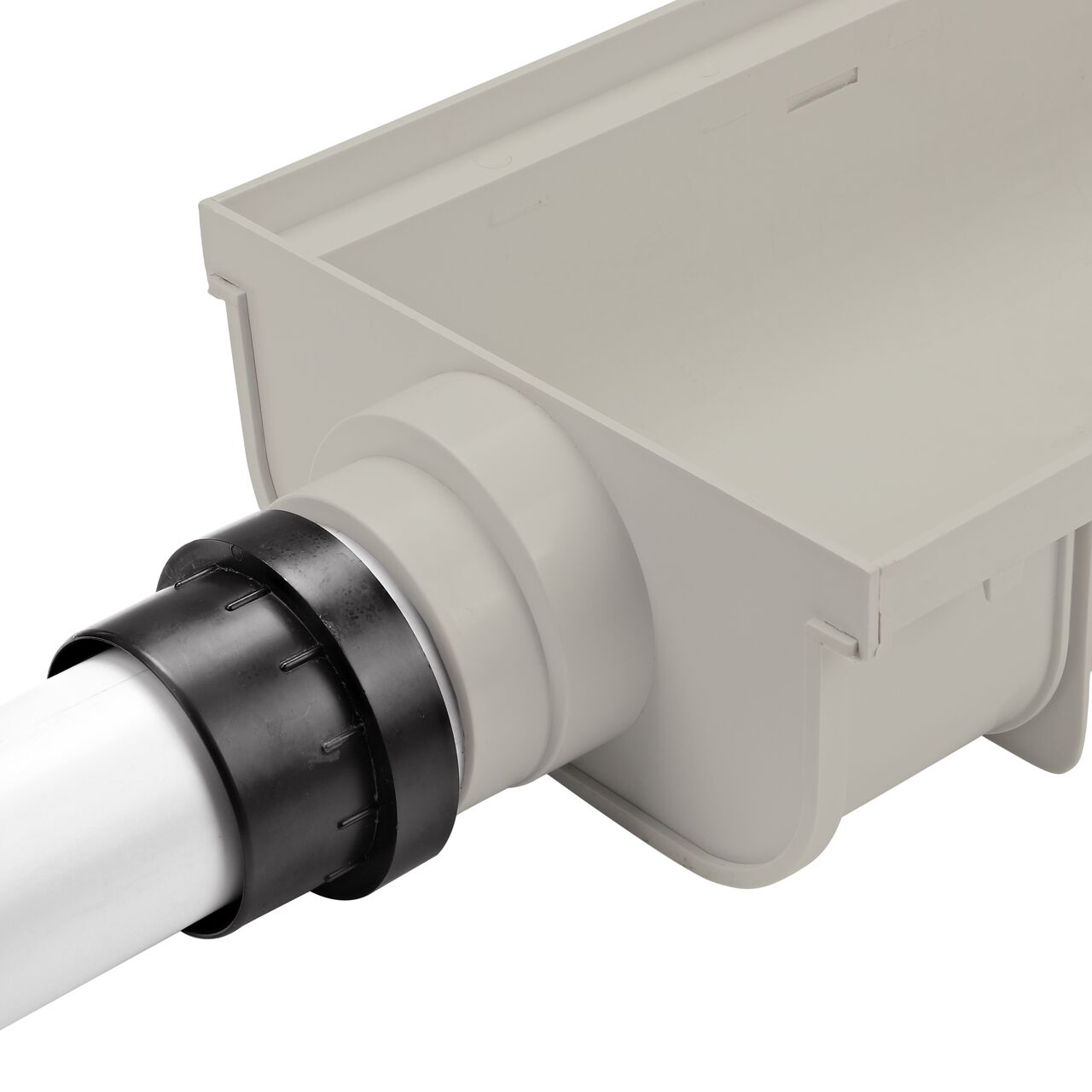 fully installed with NDS Light Gray 12 in. Pro Series Channel™ Drain End Cap/End Outlet (NDS 841) attached to channel drain and 3 in. pipe
