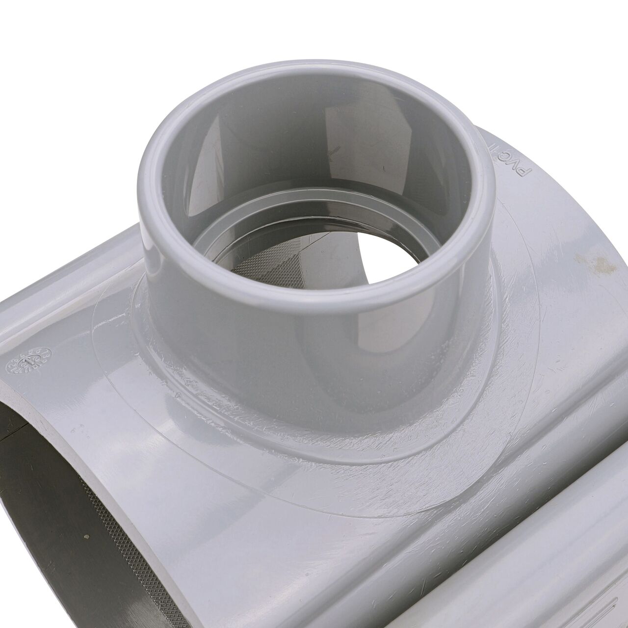 Closeup of the 2 in. slip connection on the NDS Clamp-It™ Rigid PVC Saddle (NDS 454020) for 4 in. PVC pipe