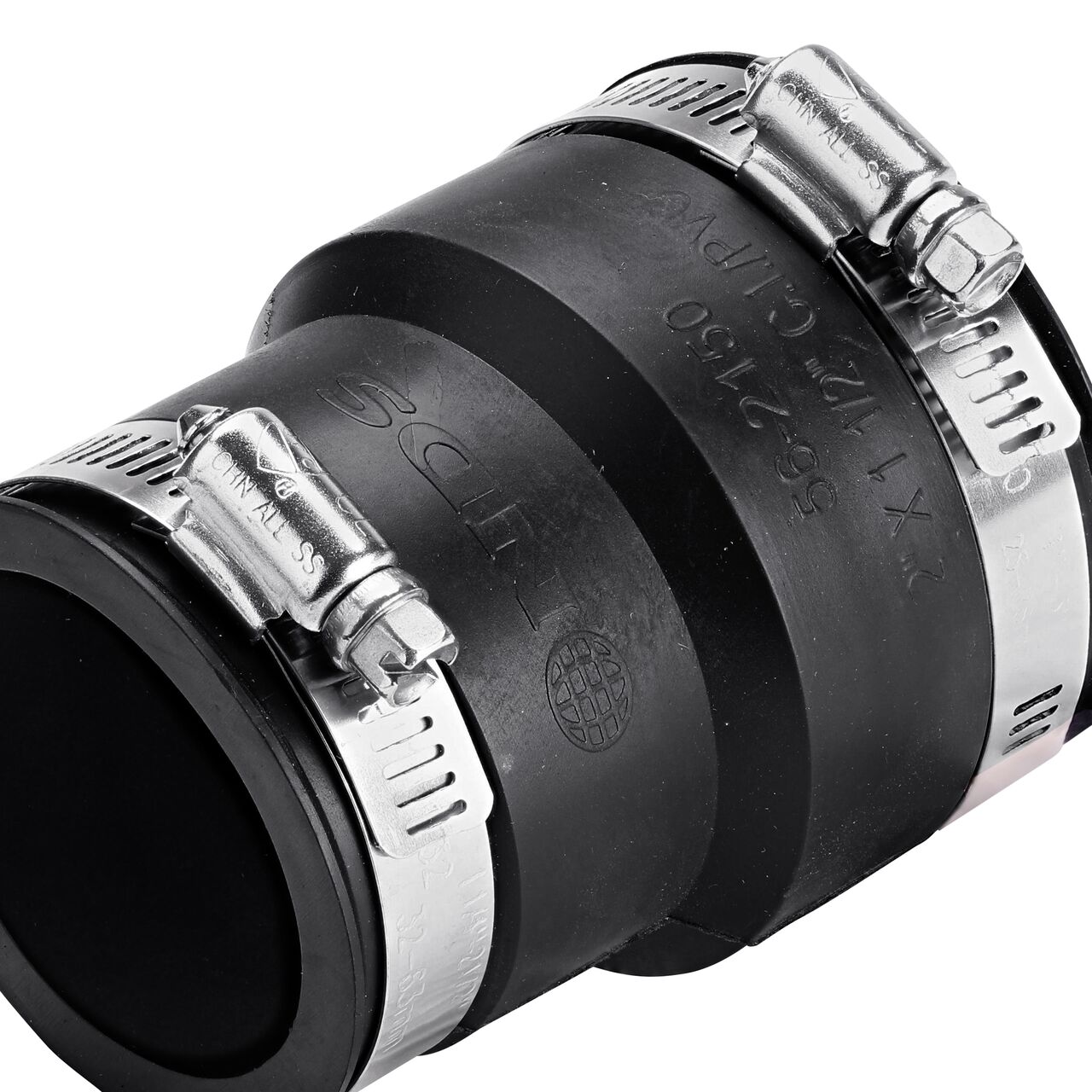 Closeup view of the NDS flex coupling mark showing the size that is compatible with 2 in. X 1-1/2 in. cast iron/sewer and drain or DWV/copper/steel/lead pipes eliminating guesswork on the job (NDS 56-2150)