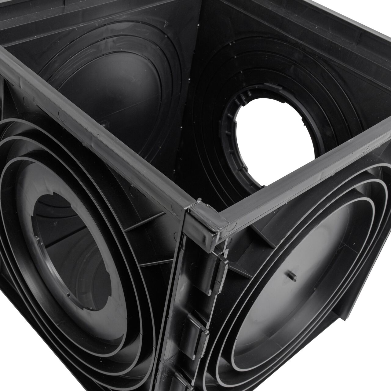 Top down closeup view of the inside of the NDS 18 in. Expandable Catch Basin Drain with 2 Openings (NDS 1800)