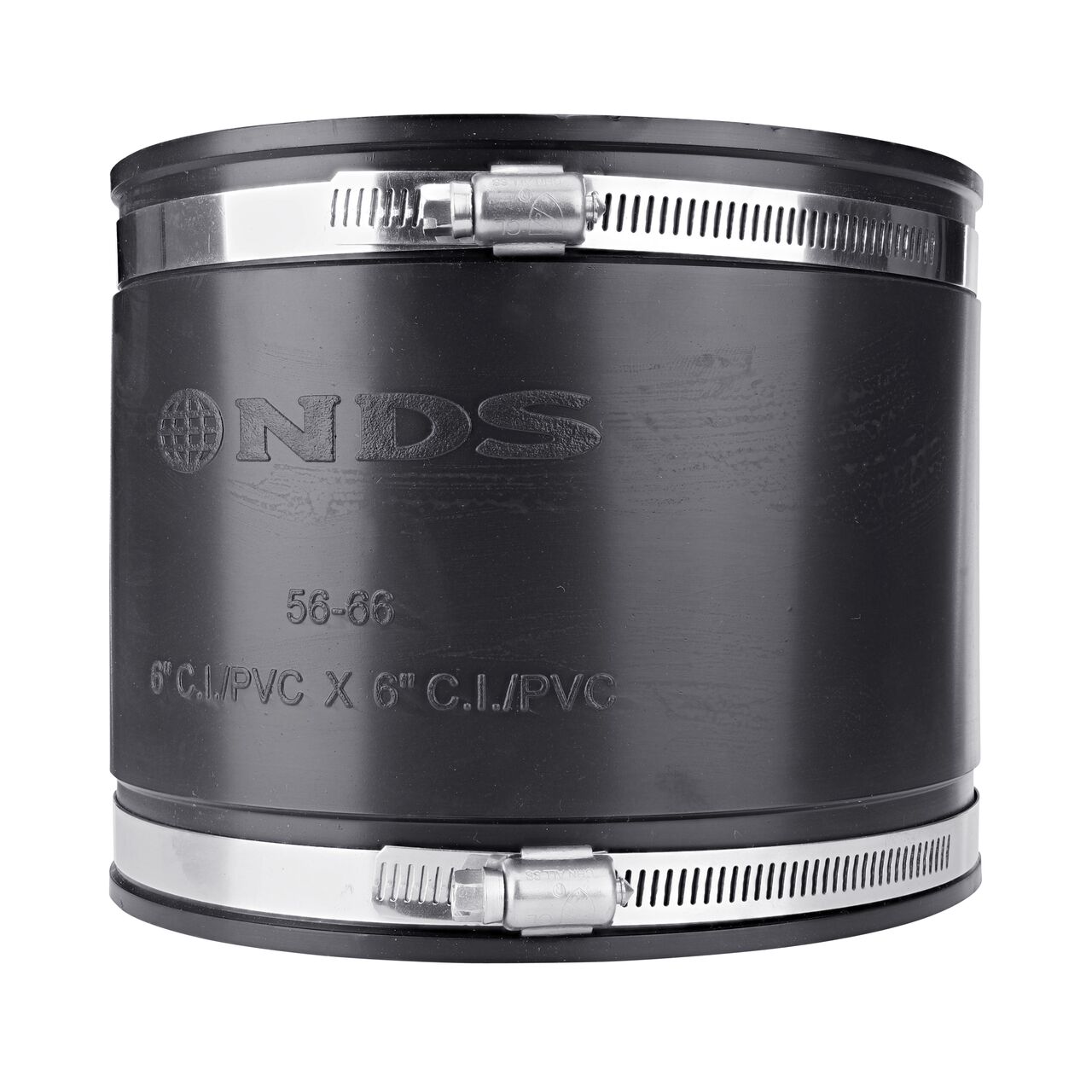 The NDS 6 in. flex coupling, in vertical position, connects two cast iron/sewer and drain or DWV/copper/steel/lead pipes and provides leak-resistant seals with virtually any pipe (NDS 56-66)