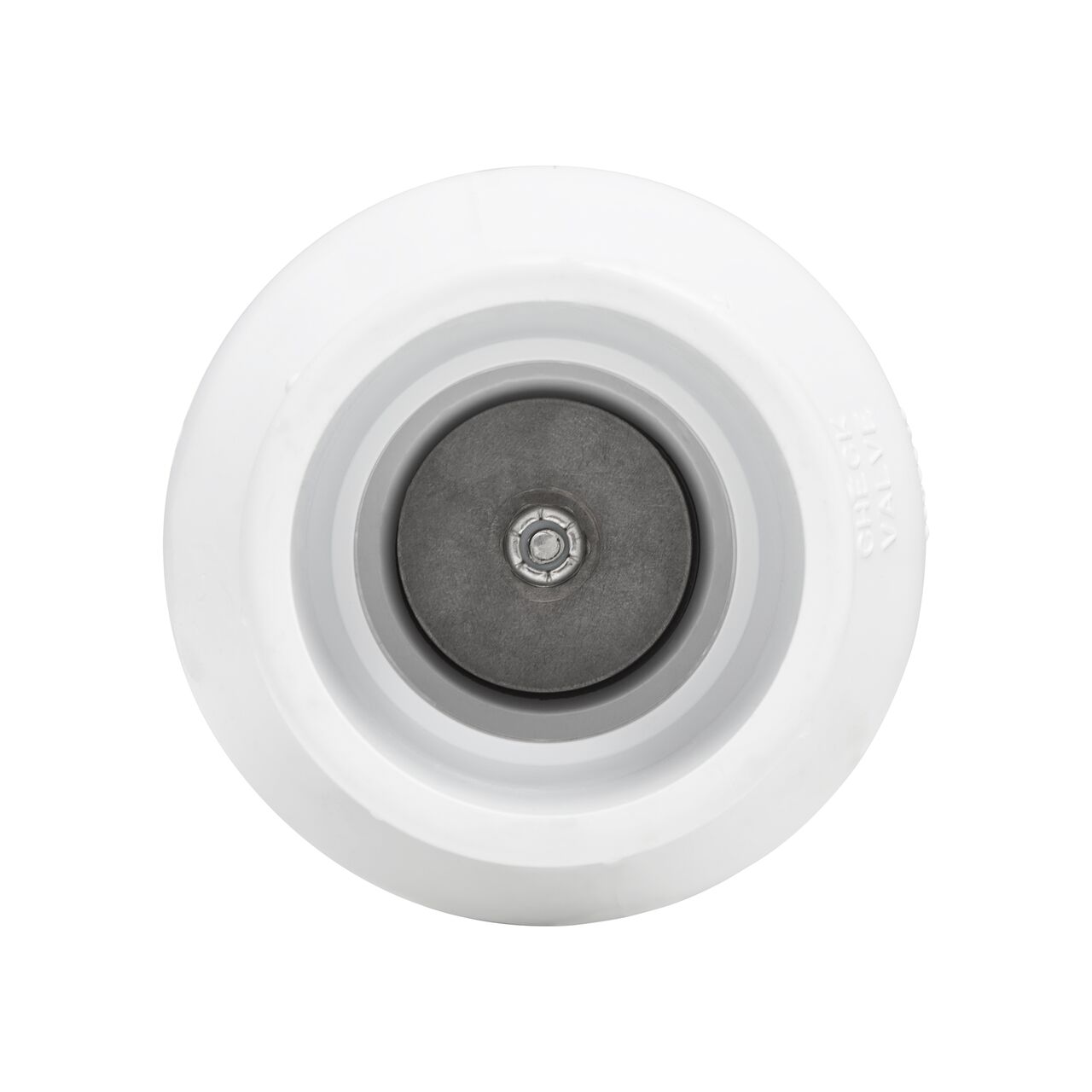 Straight view of the NDS White 1-1/2 in. IPS Slip by Slip end PVC Adjustable Spring Check Valve with 30 lb. Spring (NDS 1228V15)