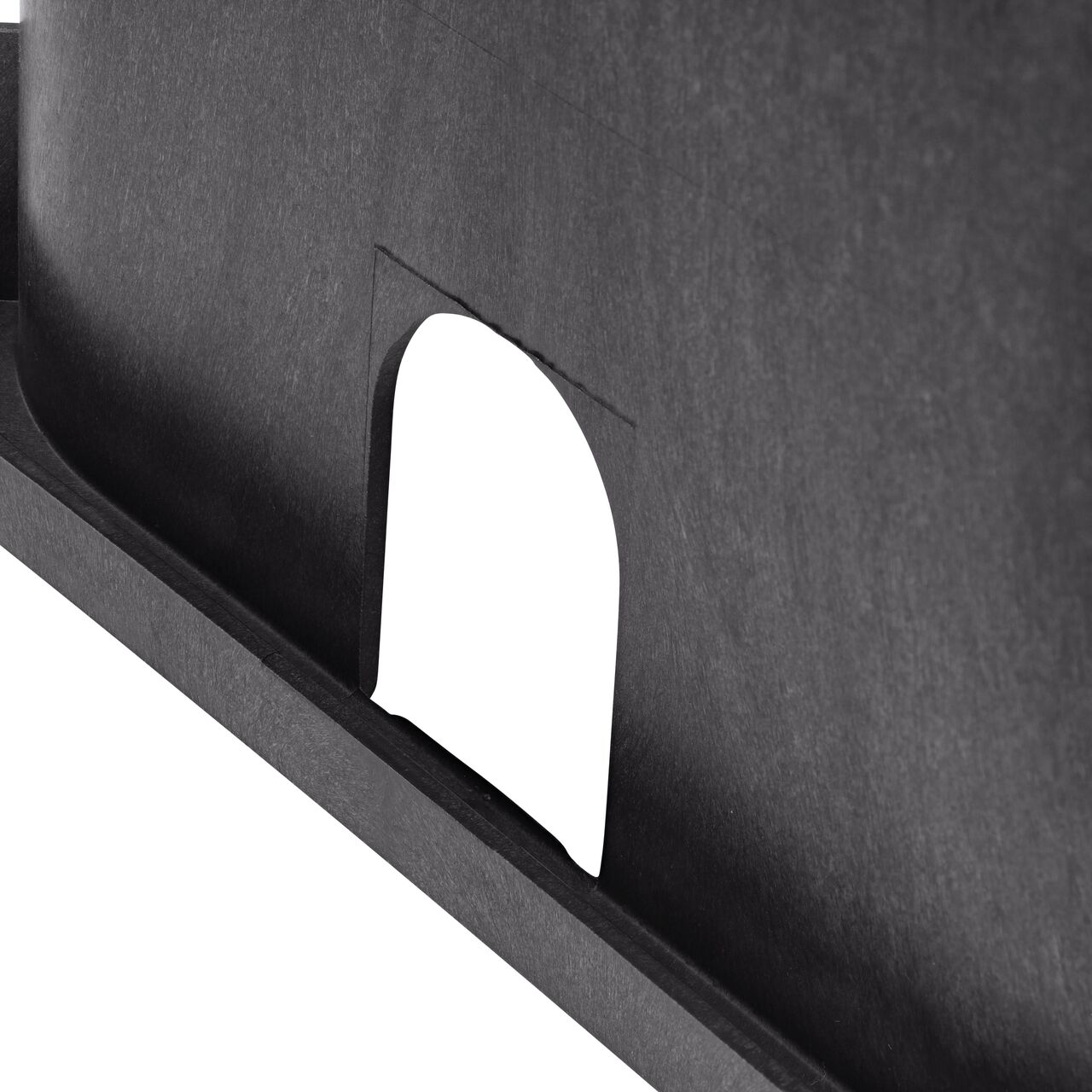 Closeup view on the pipe hole on the NDS Black plastic 13 X 20 in. Rectangular Standard Series Jumbo Valve Box (NDS 117B)