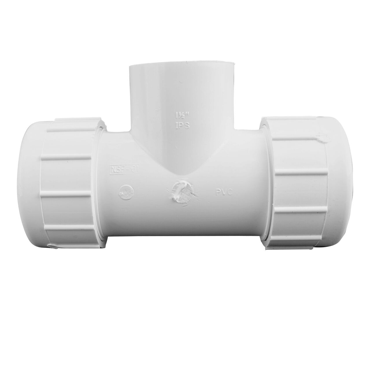 The NDS PVC Threaded Tees has adjustable nut on each compression end that connect onto 1-1/2 in. IPS pipe ends and one slip end that slides onto a 1-1/2 in. IPS pipe end to provide a corrosion-free connection (NDS CPT-1500-S)