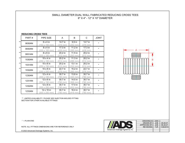 6" x 4" - 12" x 10" Fabricated Reducing Cross Tees (HDPE Dual Wall Fabricated Tees Fittings)