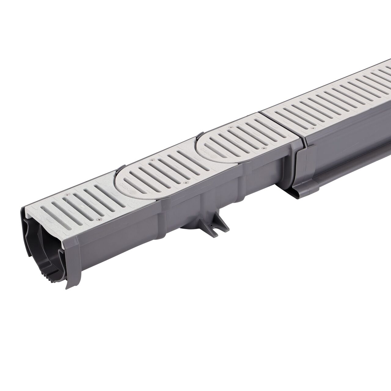 Step 3 is to connect the start piece of the NDS Spee-D® Contour™ Channel Drain Start & End Kit (NDS 400-ACSE-WH) to the Spee-D® Contour™ Channel Drain Middle Section and Gray Grate (NDS 400-ACM-WH) to complete the curve