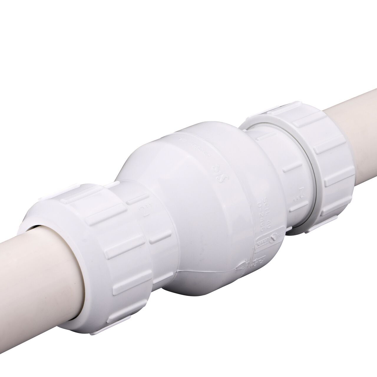 The NDS White 2 in. PVC Compression Swing Check Valve (NDS 1500-20) installed on 2 in. PVC pipe