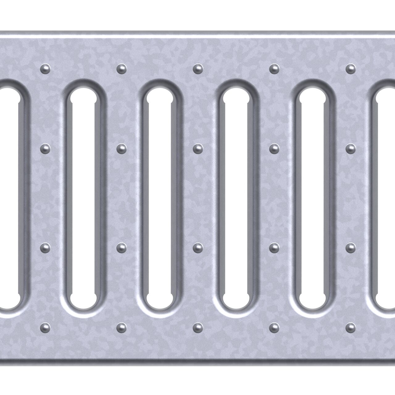 Top down partial closeup view of class C slotted galvanized steel BG-FILCOTEN® 100 Trench Drain Grate (NDS 17010207)