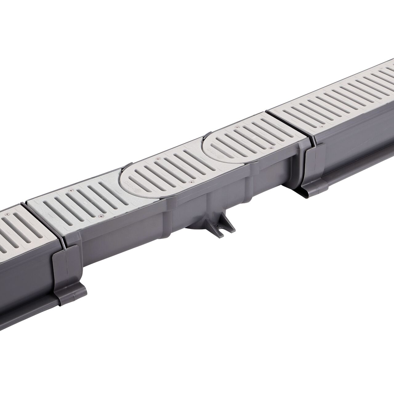 Step 4 is to connect the start piece of the NDS Spee-D® Contour™ Channel Drain Start & End Kit (NDS 400-ACSE-WH) to another straight piece of NDS Spee-D® Channel Drain (NDS 400, 400-10) with the Spee-D Coupling (NDS 248