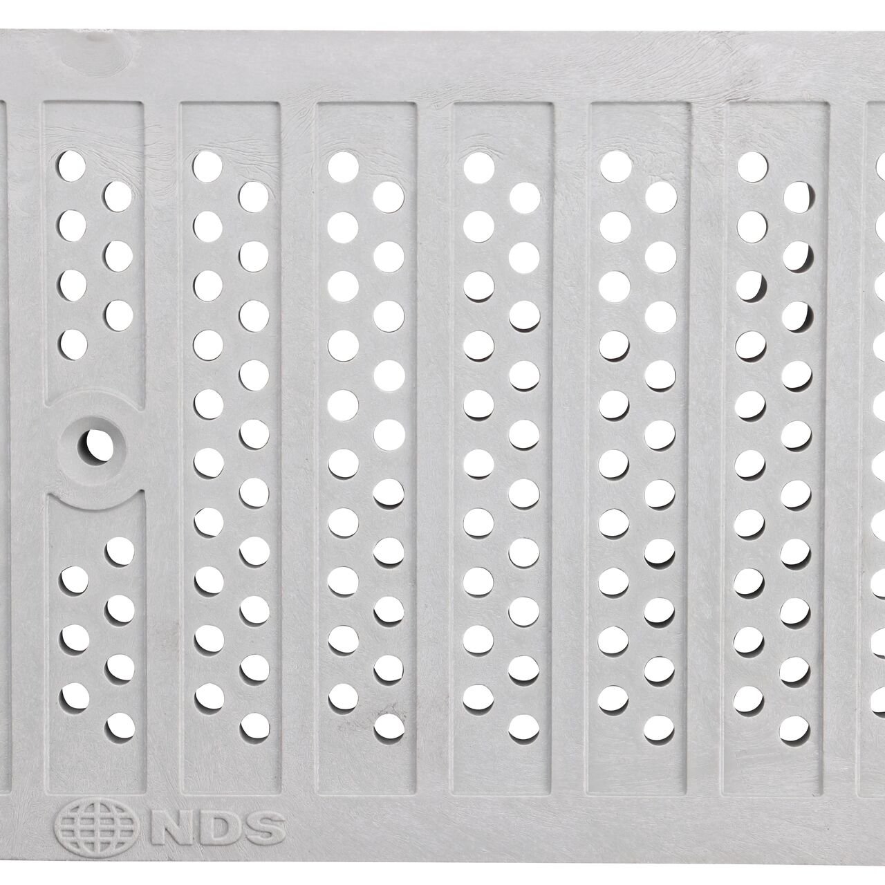 Top Down View of the light gray Plastic Perforated Dura Slope™ Channel Drain Grate (NDS DS-670) perforated design