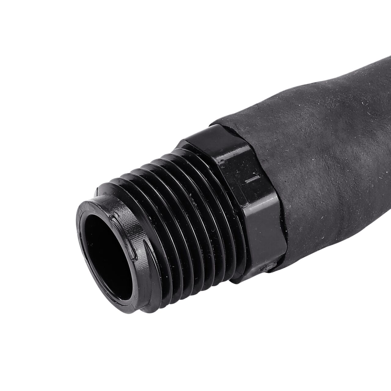 Closeup view of the NDS 1/2 in. Flexible Riser MPT end that threads into FPT connection points on fittings and sprinklers (NDS FR-0500-4)