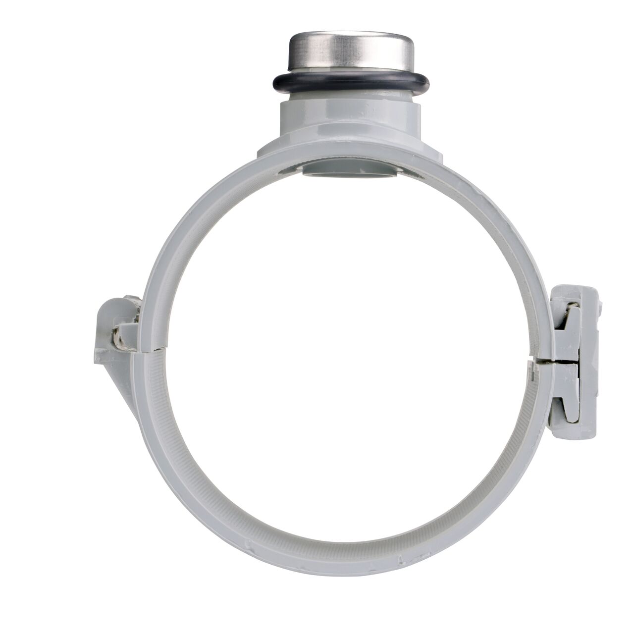 Front facing view of the NDS Clamp-It™ Rigid PVC Saddle for 4 in. Sch. 40 and Sch. 80 PE pipe with 3/4 in. FPT connection on top (NDS 344007P) showing both the wedge closure and hinge sides