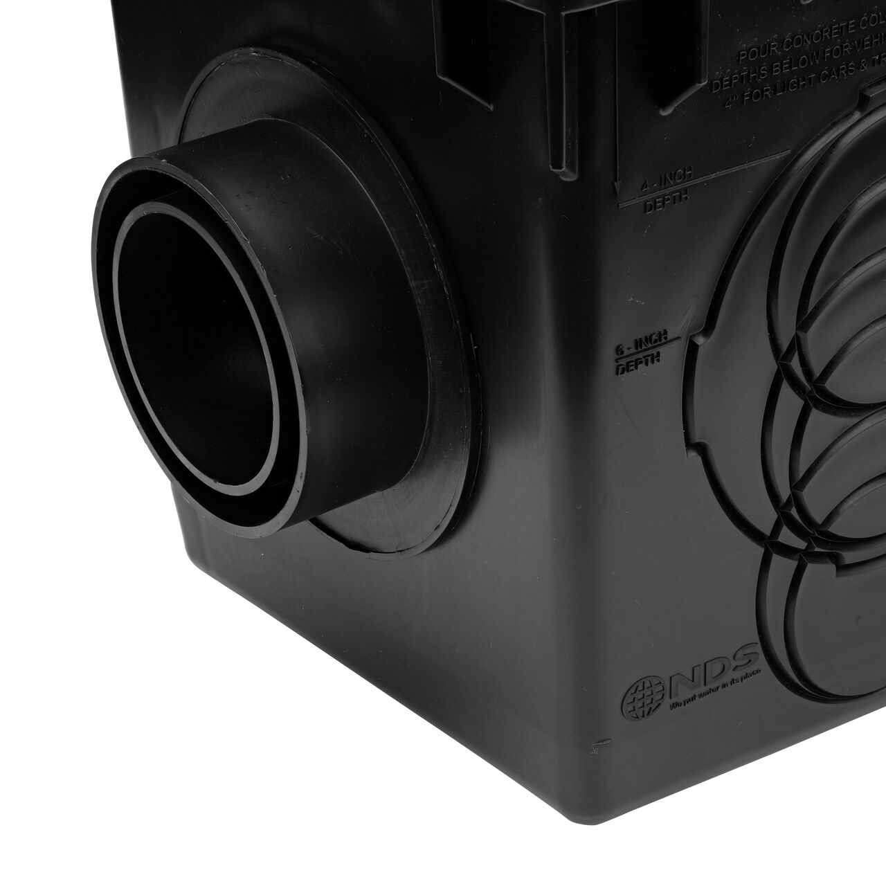 The NDS Outlet Adapter with Internal Spigot for adjustable invert height (NDS 1242) installed on a 12 in. Catch Basin Drain (NDS 1200)