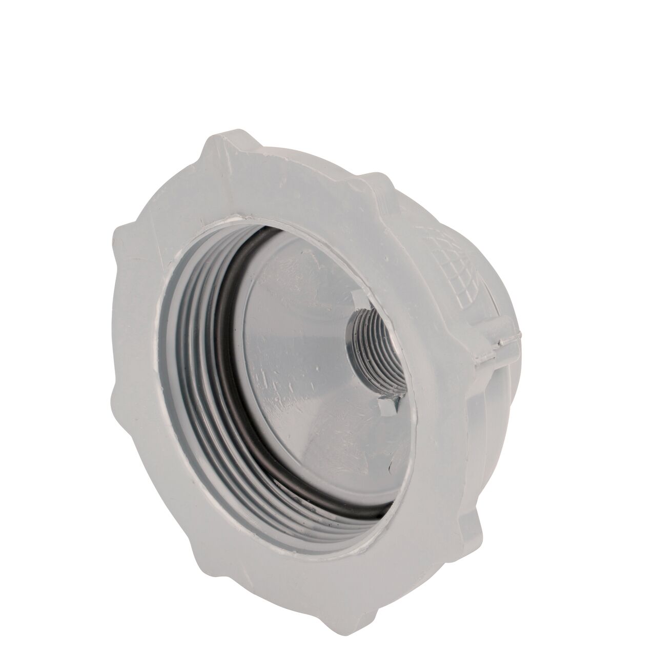 The inside of the NDS Gray 2-1/2 in. FPT X 3/4 in. FPT Fire Hydrant Cap (NDS 23-25T) which fits 2-1/2 in. hydrant outlets securely with an EPDM O-ring