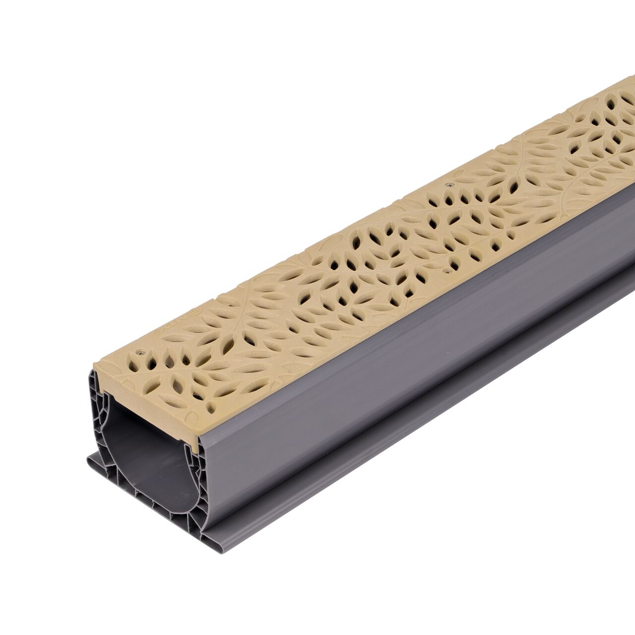 Closeup view of the NDS Spee-D® Channel Drain Grate, Decorative Botanical Design in Sand Plastic installed on a Spee-D Channel Drain (NDS 252S, NDS 400)