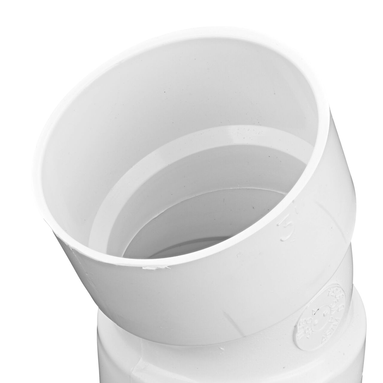 Closeup of the PVC 22.5° elbow, connects 3 in. Sewer and Drain pipes, Hub X Hub connection (NDS 3P04)